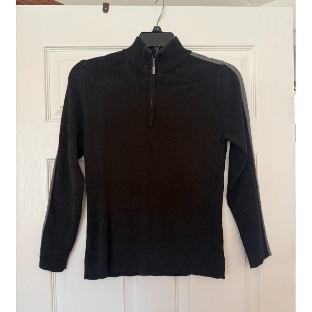 Tommy Hilfiger Women's Black Rib Knit 1/4 Zip Sweater Large Gray Stripe Logo